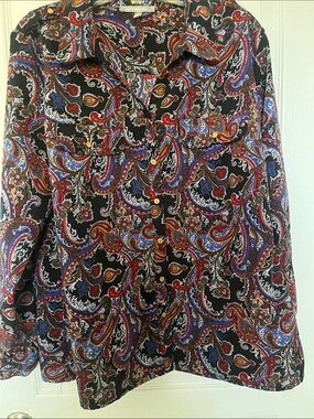 NY Collection Black Paisley Button-Down Shirt with Red & Blue Accents